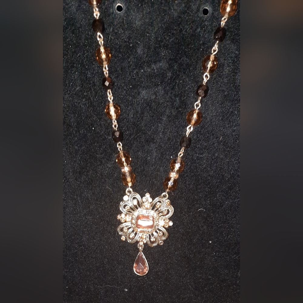 Vintage Avon honey amber tone beaded victorian style necklace Signed